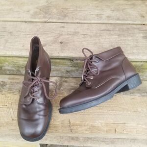 Vintage 90s y2k Chunky Heel Brown Faux Leather Steampunk Granny Boots Booties